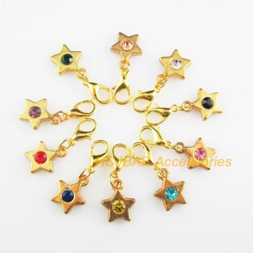 10Pcs Gold Color Star Retro Mixed Round Crystal 11.5x14mm With Lobster Claw Clasps Charms
