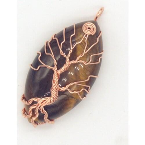 100-Unique 1 Pcs Rose Gold Color Handmade Wire Wrapped Marquise Shape Natural Tiger Eye Stone Pendant