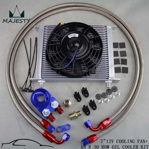 30 Row -8AN AN8 engine Transmission Oil Cooler + 7" Electric Fan Kit Blue
