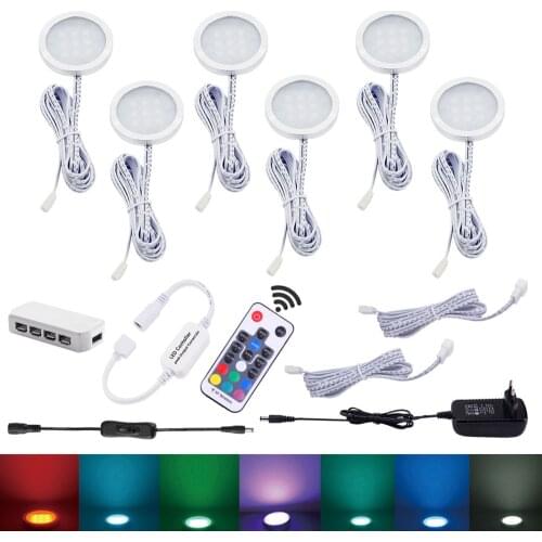 4/6 Pucks RGB LED Under Cabinet Lamp Puck Light Kit Wtih RF Remtoe Controller Adapter Dimmable For Kitchen Counter Shelf