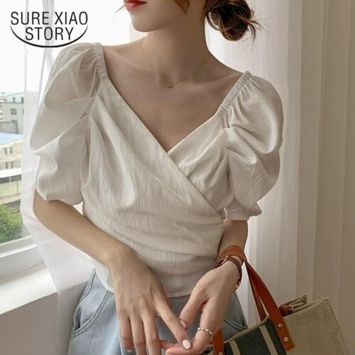 Puff Sleeve Women Blouses Summer 2021 New V-neck Lace Up Short Shirts Tops Solid Casual Chiffon Blusas Femme Chic Elegant 14277