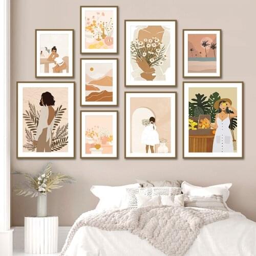 Bohemia Woman Palm Beach Flowers Monstera Wall Art Canvas Painting Nordic Posters And Prints Wall Pictures For Living Room Decor