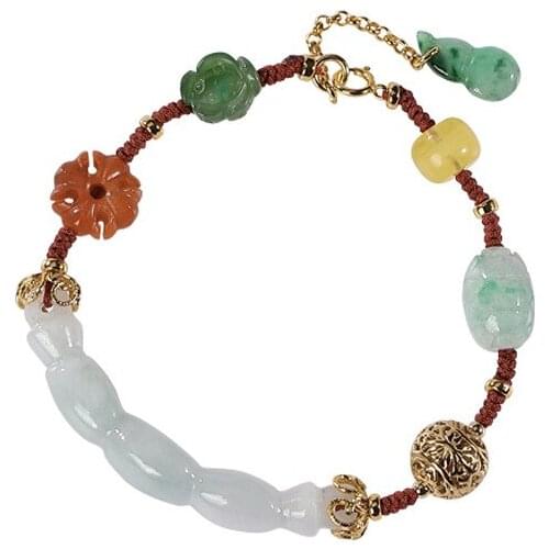 S925 sterling silver gold plated Southern red agate Gray jade Emerald Bracelet Retro Lotus root Gourd Weaving Carrying strap