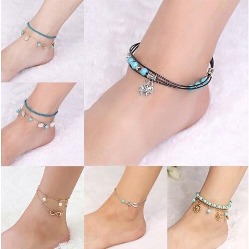 Vintage Multiple Layers Anklets for Women Elephant Metal Pendant Rope Chain Summer Foot Ankle Bracelet Boho Charm Beach Jewelry