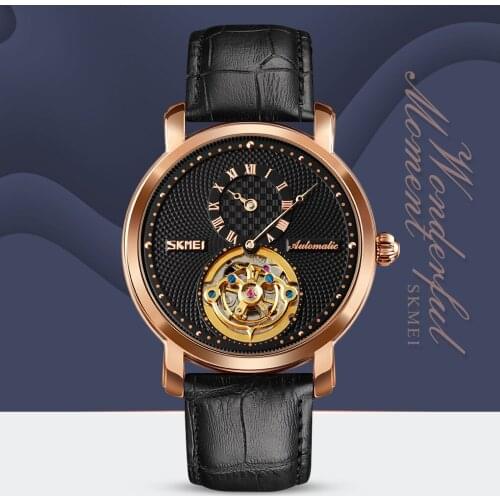 SKMEI Automatic Mechanical Casual Leather Gyro Decoration Men Business Classics Wristwatch Female Elegant Gift Clock hombre