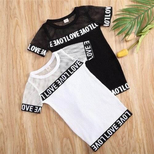 Children Dresses Toddler Kid Baby Girl Clothes Mesh Short Sleeve Black White Letter Pullover Dresses Summer Cute Casual Dress