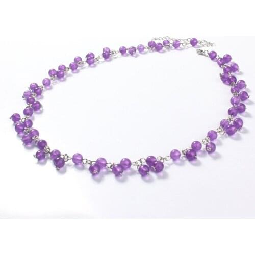 FYSL Silver Plated Natural Purple Amethysts Stone Round Beads Pendant Long Beads Chain Necklace Trendy Jewelry