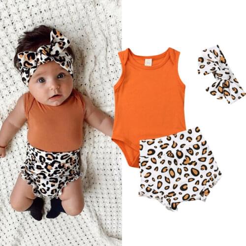 Toddler Baby Girl Summer Sunsuit Romper Leopard Short Pants High Waist Shorts Bloomers Headband Outfits 3PCS Baby Clothes Set