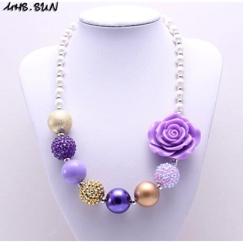 MHS.SUN 1PCS Fashion Girls Purple Flower Beaded Necklace DIY Jewelry Charm Chunky Bubblegum Necklace For Kids Child Party Gift