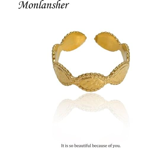 Monlansher Geometric Oval Spliced Embossed Open Ring Gold Color Titanium Steel Ring Vintage Stackable Rings Jewelry Adjustable