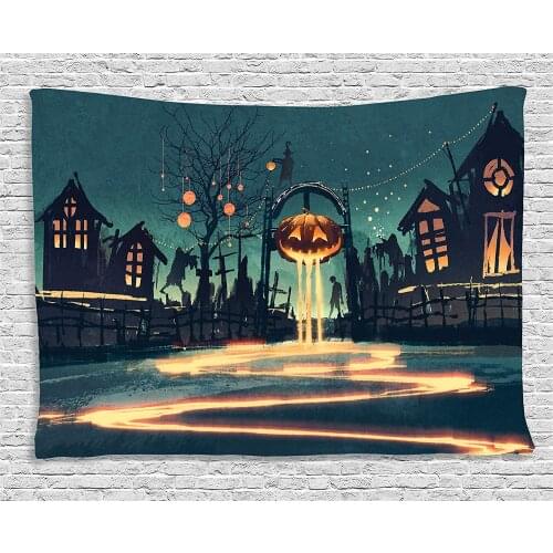 Fantasy Art House Decor Tapestry Halloween Theme Night Pumpkin and Haunted House Ghost Town Artful Wall Hanging Teal Orange