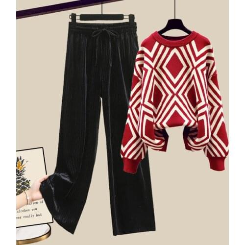 2021 spring autumn new fashion sweater set womens little man Christmas sweater wide leg pants casual two-piece sets s283