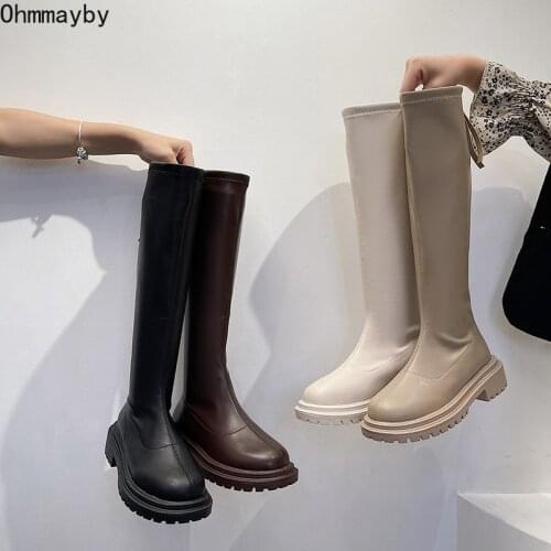 Slim Thigh High Boots Platform Women Thick Sole Knee-High Boots Women Shoes Black Winter Long Motorcycle Boots Women