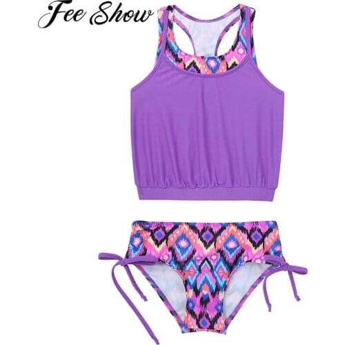 4-16Y Kids Girls Swimwear Swimming Bathing Suits Round Neck Sleeveless Racer Back Vest Top and Briefs Beach Bikinis Set Swimwear