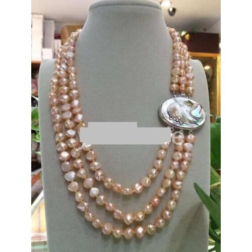 3 row 8-9mm pink Baroque cultured Freshwater Pearl Necklace 19-21"