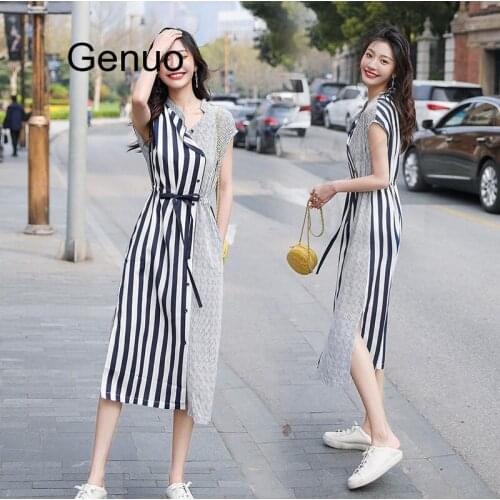 Striped Patchwork Shirt Dress Thin And Long V-neck A-line Dresses Lace Up Slim Elegant Streetwear Femme 2020 Fashion Vestido