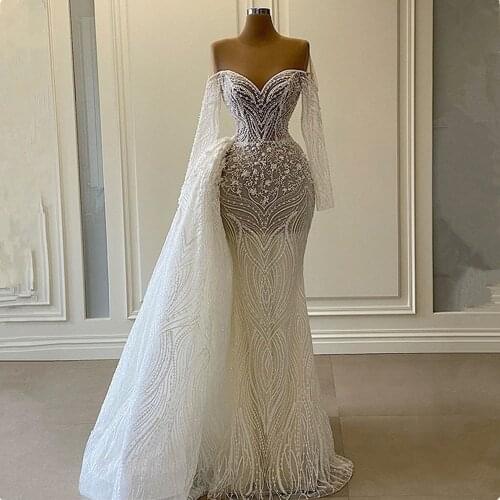 2021 Luxury Beads Lace Wedding Dress With Detachable Train Sexy Illusion Tulle Long Sleeve Wedding Bridal Gowns Vestido De Noiva