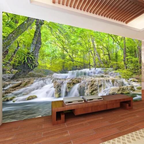 Custom Self-Adhesive Waterproof 3D Mural Wallpaper Modern Waterfall Forest Nature Scenery Painting Living Room TV Sofa Stickers