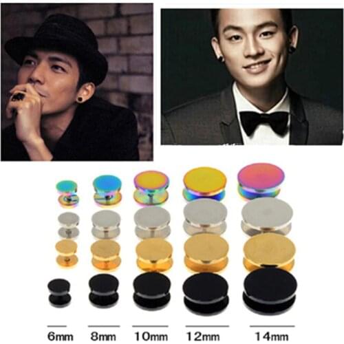 SexeMara 2Pcs Gold Black Stainless Steel Cheater Faux Fake Ear Plugs Flesh Tunnel Gauges Tapers Stretcher Earring 6-14mm