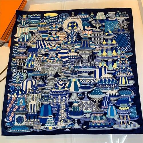 90cm “French dessert” Twill Silk Scarf Handmade Curled Luxury Brand Square Hijab Scarf Women Bandana Foulard Head Scarves Shawl