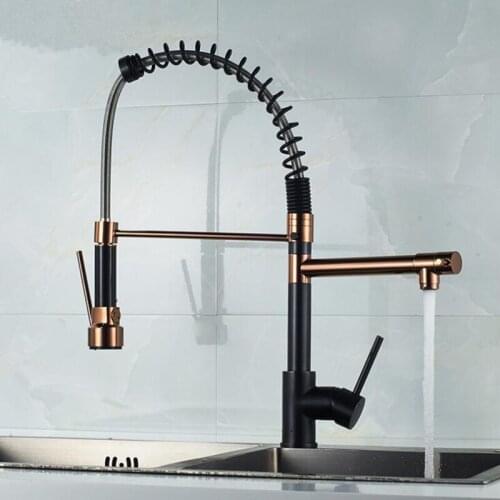 Black and Rose Golden Spring Pull Down Kitchen Sink Faucet Hot & Cold Water Mixer Crane Tap with Dual Spout Deck Mounted