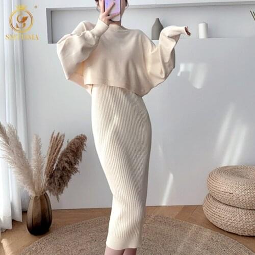 SMTHMA 2021 New Fall/Winter Soft Sweater Tops + Knitted Vest Dress Suit Women Stacking Sweater Dress Two-Piece Sets
