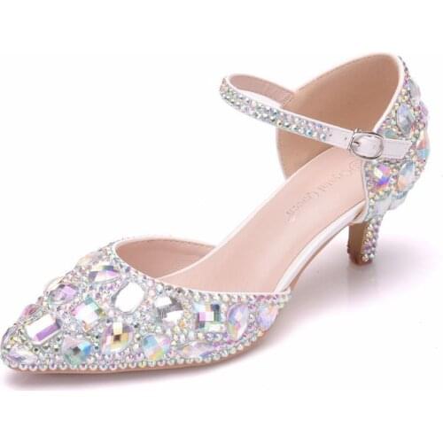 Women sandals wedding Party PU Rhinestones Buckle Strap 5.5CM Thin High heels Pointed Toe sandal women shoes 2020 size 35-42