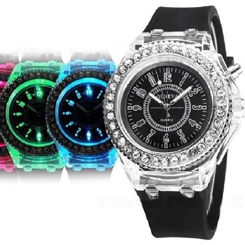 Gnova Platinum Big Dial Women Watch Geneva Style Flashing LED Black light Fashion Wristwatch Rhinestone silicone crystal clock