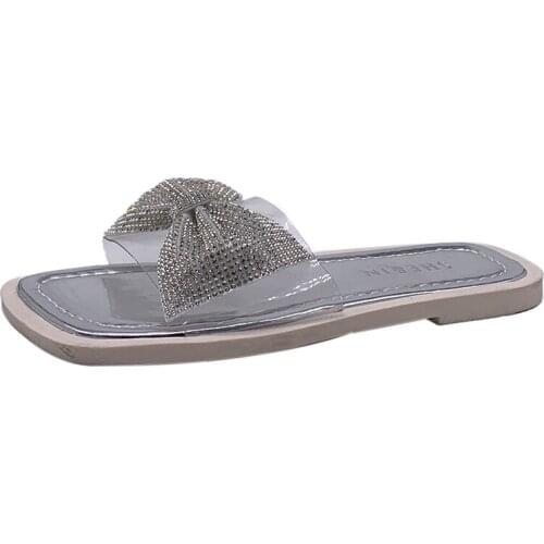 Large 35-40 womens slippers for outer wear 2021 summer casual style crystal bow flat-bottomed light and comfortable sandals