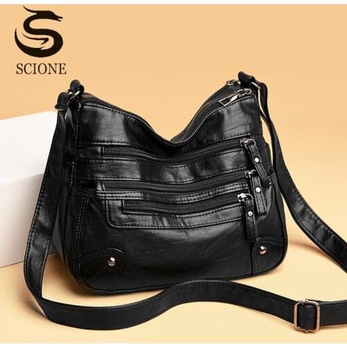 Women Soft Leather Shoulder Bags Female Vintage PU Crossbody Bag Multi-pocket Handbags Designer Large Bag Solid Purse XA219M