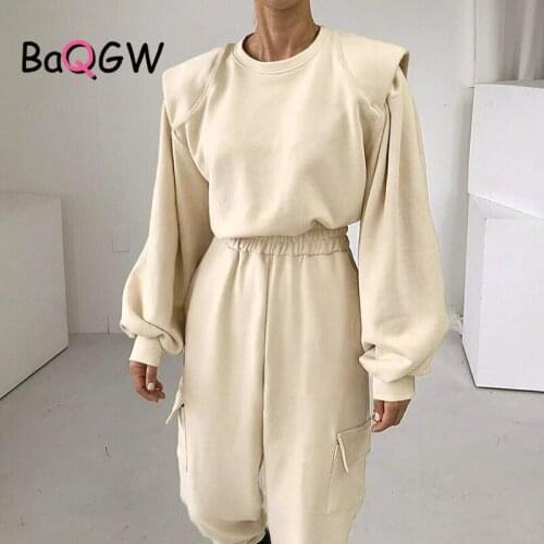 BaQGW Shoulder Padded Nude 2 Piece Set Female O-neck Sweatshirt Pocket Pants Fall Casual Sporty Streetwear Sets Womens Outfits