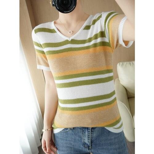 Zocept Summer Womens Sweater Short Sleeve Wool Blend Knitted Color Striped V-Neck Top T Shirts Ladies Fructose Pullover Tees
