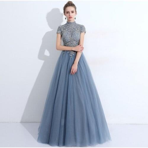 2019 Summer new Slim fit Long Lace Short sleeve dress women Solid color Elegant Mesh Party A-Line Long dress Womens