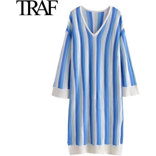Traf Za Women Fashion Sweater Dress Loose V-neck Vintage Knitting Stripe Dress Female MIDI Skirt Long Dress Vestidos Mujer