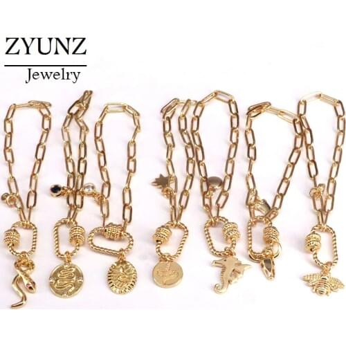 10PCS, Mix Bracelets, CZ Pave Jesus/Shell/Moon/Snake/Eye Charms Bracelet, Screw Oval Clasp Bracelet, Punk Chain Link Bracelets