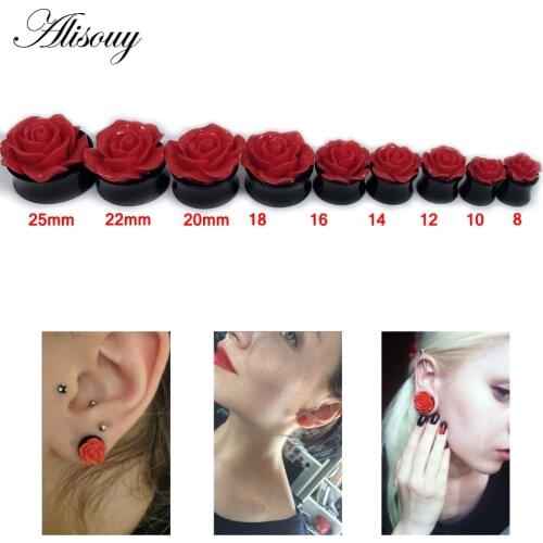 Alisouy 2PC 3D Red Rose Flower Ear Plug Acrylic Flesh Ear Plug and Tunnels Ear Expander Gauges 8-16mm ear jewelry for women girl
