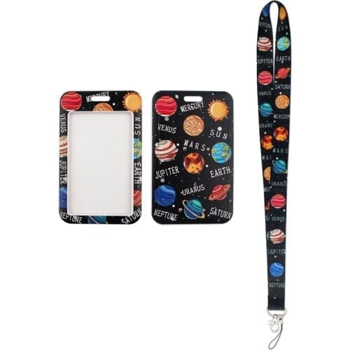 24pcs/lot MD445 DMLSKY Cartoon Planet Lanyard Keychain keys Badge ID Mobile Phone Rope Kids Gifts Lanyard With Card Holder Cover