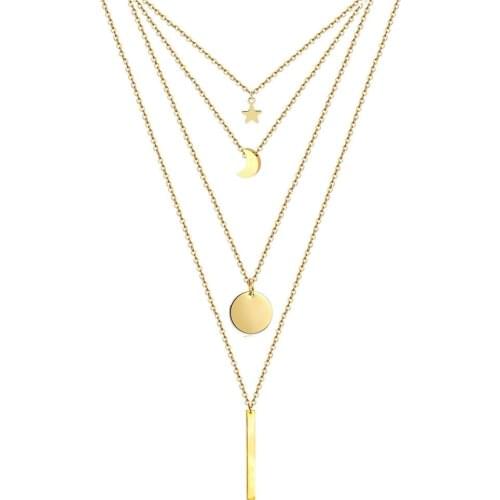 Stainless Steel Chain Pentacle Star Round Coin Moon Bar Pendants Necklaces For Women Multi Layered Necklaces
