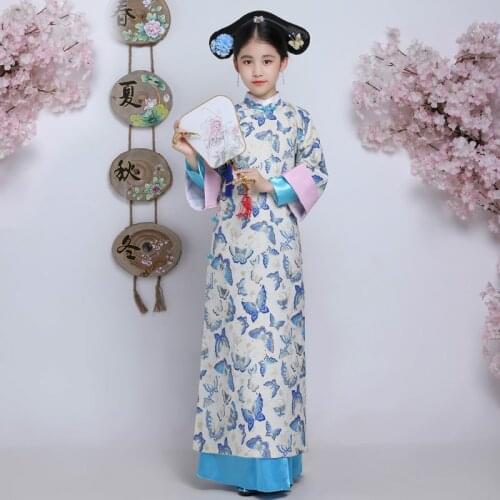 Ancient Qing Dynasty Outfit Hanfu Dress Children Chinese Traditional Princess Costume Kids Long Cheongsam Folk Dance Costume
