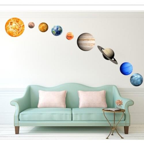 DIY Planets Fluorescent Wall Decals Solar System Wall Mural Glowing Planets Wall Stickers for Kids Bedroom Living Room, 9 Pcs