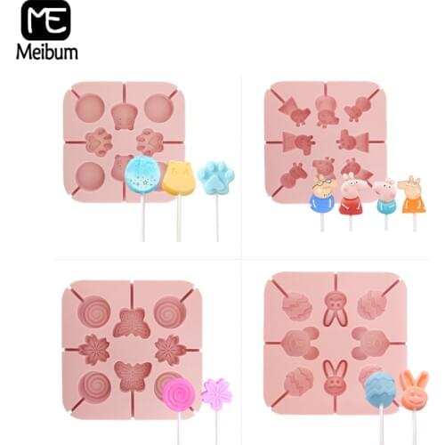 Meibum 4 Types Mold for Lollypops Pink Silicone Mold Cartoon Lollipop Chocolate Candy Mould Cake Decorating Pastry Baking