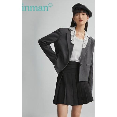 INMAN Womens Suit Autumn Classic Minimalist Straight Neat Stylish Loose Short Jacket Grey Female Blazer