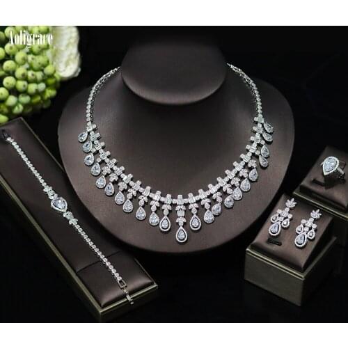 Brilliant Cubic Zirconia Bride Jewelry Set Zircon Necklace Earrings Ring and Bracelet Set For Wedding Women Dress Accessories