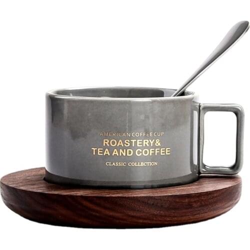 Creative American Style Coffee Cup Ceramic Mug Wood Saucer Coffee Mug Breakfast Milk Juice Cup