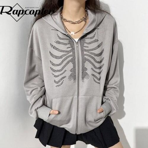 Rapcopter Skeleton Jackets Rhinestone y2k Grunge Coat Long Sleeve Zipoper Hoodies Autumn Winter Casual Outwear Women Sweatshirts