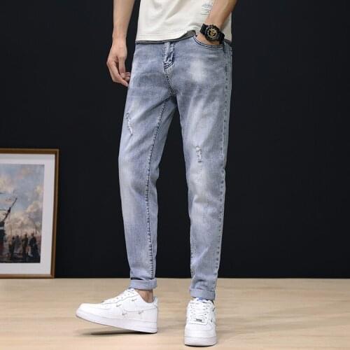 2021 Mens Jeans Denim Cotton Casual Ripped Jeans Slim Fit Pants Pants Thin Stretch Denim Pants Mens Light Blue Four Seasons