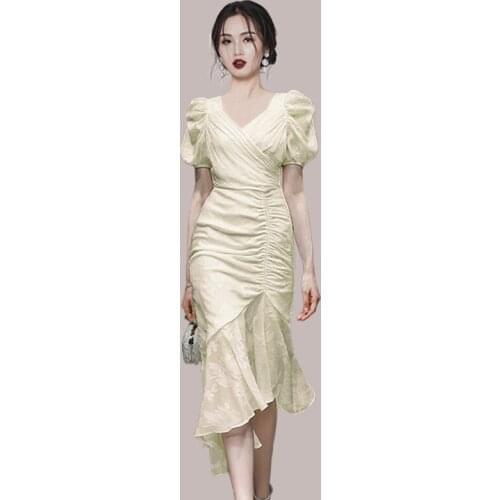 ZAWFL 2021 Summer New Korean Style Office Ladies Midi Mermaid Dress Women Chiffon Puff Sleeve Bodycon Ruffles Party Dresses