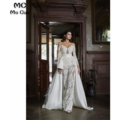 Luxuries Illusion Jumpsuit Prom Dresses Long Sleeves with Appliques Lace Evening Gown Vestido de festa Prom Dresses Custom Made