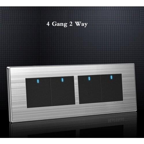 4 Gang 2 Way Luxury Light Switch On / Off Wall Interruptor With Led Indicator Stainless Steel Panel 197* 72mm