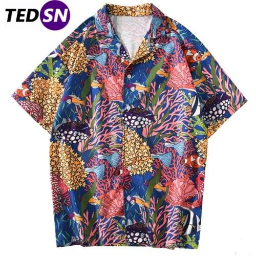 Sea Animal Print Hip Hop Men Shirts Streetwear Hawaii Beach Short Sleeve Summer Harajuku Retro oversized Loose Tops